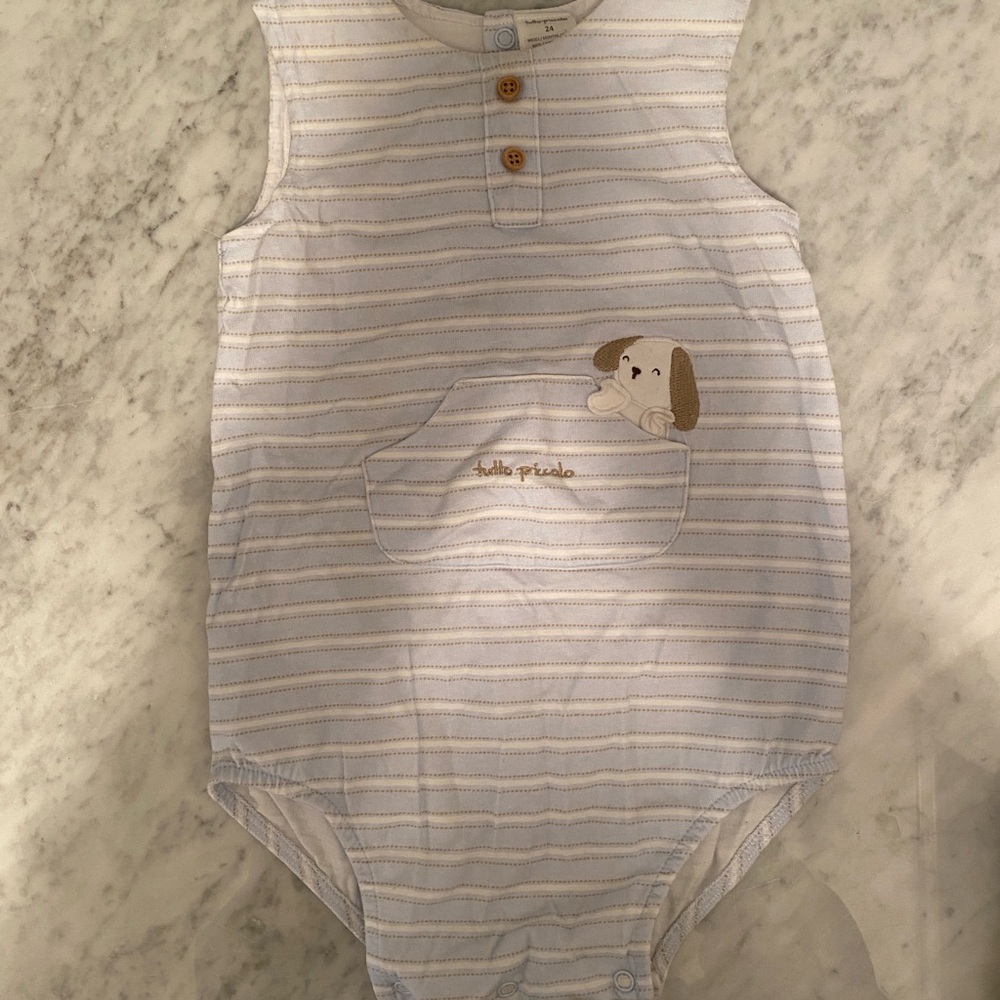 Tutto Piccolo Striped Sleeveless Baby Romper with Dog Design